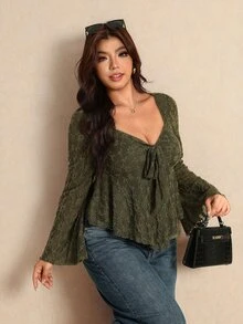 Elaquor Plus Size Women's Front Knot Flared Sleeve Ruffle Hem Fashion Top Fall - Army Green - View 1