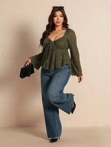 Elaquor Plus Size Women's Front Knot Flared Sleeve Ruffle Hem Fashion Top Fall - Army Green - View 4