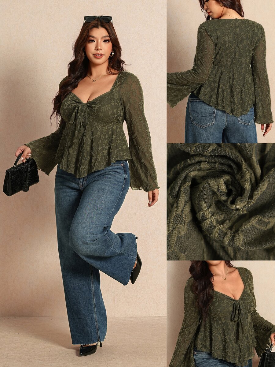 Elaquor Plus Size Women's Front Knot Flared Sleeve Ruffle Hem Fashion Top Fall - Army Green - View 1