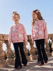 SHEIN Playful Pals 2件組少女開襟衫＋喇叭褲，甜美粉黑配色，3D花朵貼花愛心設計，長袖圓領，休閒正裝，適合派對、秋季假期，優雅風格 - 粉色 - 查看 6
