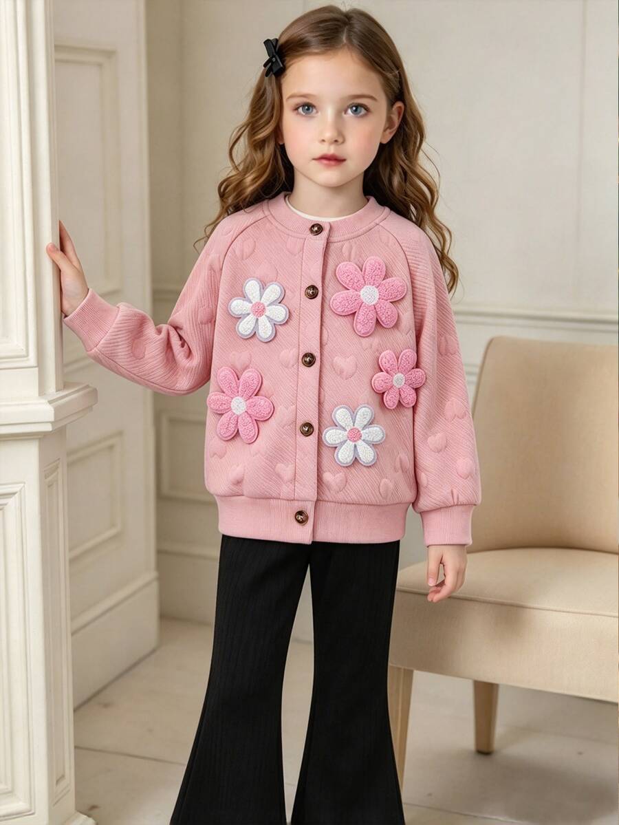 SHEIN Playful Pals 2件組少女開襟衫+喇叭褲,甜美粉黑配色,3D花朵貼花愛心設計,長袖圓領,休閒正裝,適合派對、秋季假期,優雅風格 - 粉色 - 查看 1