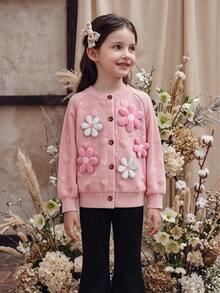 SHEIN Playful Pals 2件組少女開襟衫＋喇叭褲，甜美粉黑配色，3D花朵貼花愛心設計，長袖圓領，休閒正裝，適合派對、秋季假期，優雅風格 - 粉色 - 查看 7