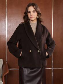 Anewsta Women's Autumn/Winter Short Lapel Minimalist Silhouette Dropped Shoulder Wool Coat Jacket - Brown - View 4