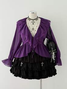 Sunspun Spring Summer New Fashion Sweet Cute Versatile Pure Desire Bow Tie Elegant Vacation Sheer Chiffon Puff Long Sleeve Design Cardigan Shirt Going Out Tops - Purple - View 8