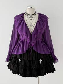 Sunspun Spring Summer New Fashion Sweet Cute Versatile Pure Desire Bow Tie Elegant Vacation Sheer Chiffon Puff Long Sleeve Design Cardigan Shirt Going Out Tops - Purple - View 3