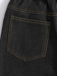 SHEIN Tween Girls' Dark Blue Washed Denim Jeans, Wide Leg Design, Slim Fit Wide Leg Style, Vintage Navy Blue, All-Match Versatile, Classic Design, Suitable For Autumn, Street, Campus, Preppy Style And Various Occasions, All Seasons - Black - View 3
