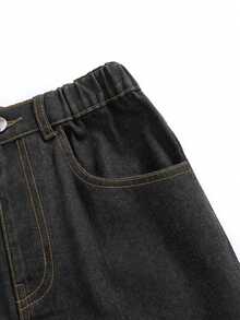 SHEIN Tween Girls' Dark Blue Washed Denim Jeans, Wide Leg Design, Slim Fit Wide Leg Style, Vintage Navy Blue, All-Match Versatile, Classic Design, Suitable For Autumn, Street, Campus, Preppy Style And Various Occasions, All Seasons - Black - View 4