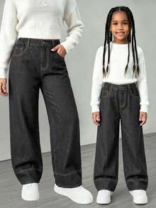 SHEIN Tween Girls' Dark Blue Washed Denim Jeans, Wide Leg Design, Slim Fit Wide Leg Style, Vintage Navy Blue, All-Match Versatile, Classic Design, Suitable For Autumn, Street, Campus, Preppy Style And Various Occasions, All Seasons - Black - View 8