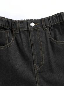 SHEIN Tween Girls' Dark Blue Washed Denim Jeans, Wide Leg Design, Slim Fit Wide Leg Style, Vintage Navy Blue, All-Match Versatile, Classic Design, Suitable For Autumn, Street, Campus, Preppy Style And Various Occasions, All Seasons - Black - View 5