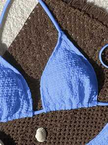 SHEIN Swim 2026 Spring/Summer Women's Spaghetti Strap Halter Unique Fabric Blue Sexy Vacation Side High Cut Bikini Swimwear 2 Pieces Set - Blue - View 4