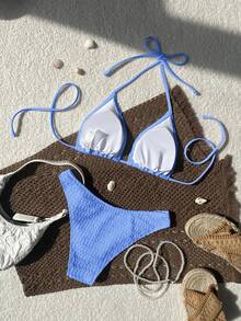 SHEIN Swim 2026 Spring/Summer Women's Spaghetti Strap Halter Unique Fabric Blue Sexy Vacation Side High Cut Bikini Swimwear 2 Pieces Set - Blue - View 3