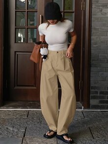 Livesso Petite 女款純色口袋鈕扣休閒百搭日常旅行長褲 - 卡其色 - 查看 8