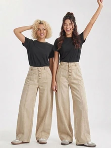 DAZY Women's Fashion Versatile Button Pocket Loose Fit Denim Jeans Fall - Khaki - View 3