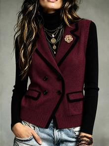LUMIGAL Women's Striped Colorblock Button Knit Vest Cardigan - Burgundy - View 3