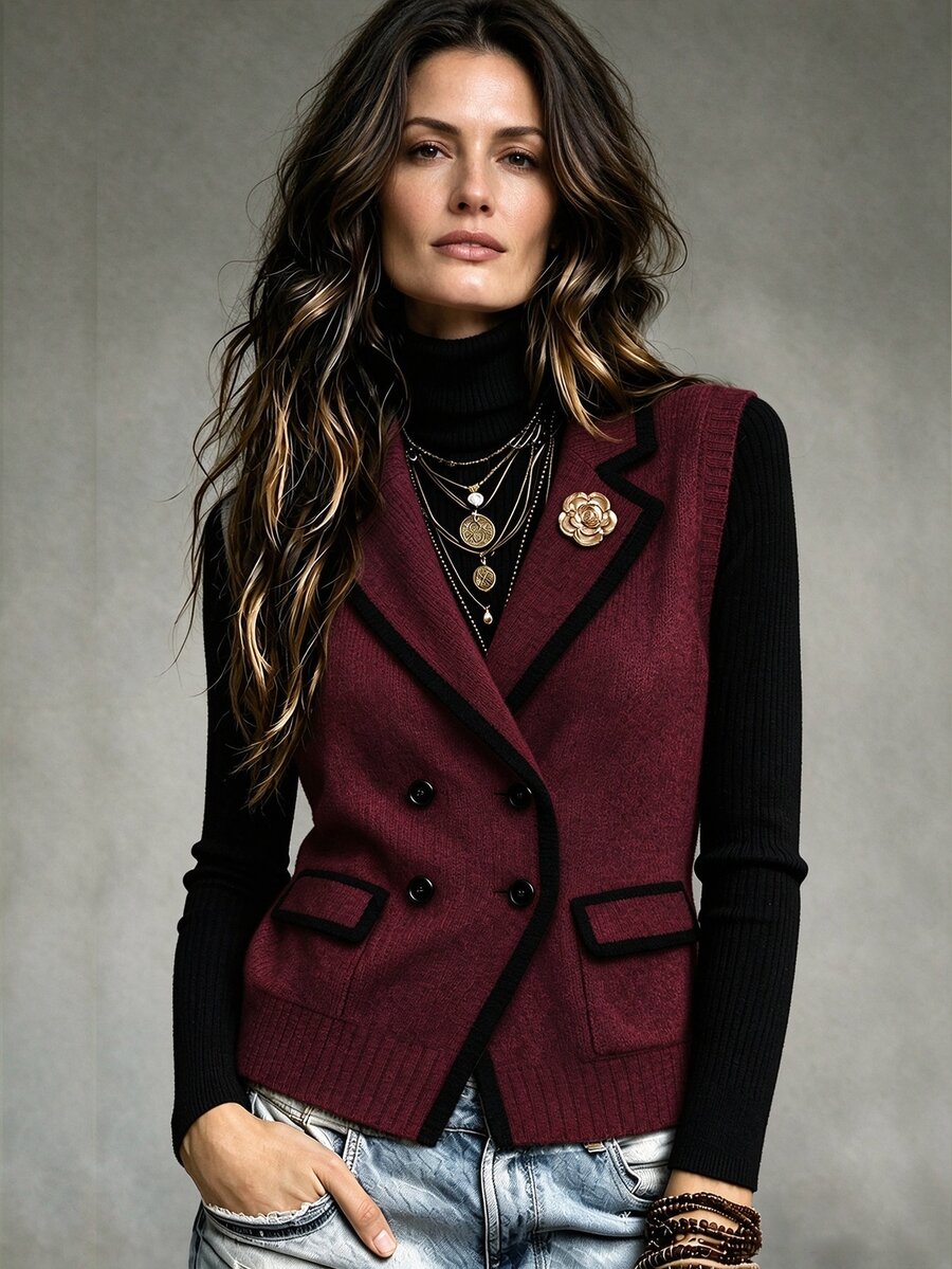 LUMIGAL Women's Striped Colorblock Button Knit Vest Cardigan - Burgundy - View 1