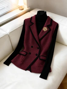 LUMIGAL Women's Striped Colorblock Button Knit Vest Cardigan - Burgundy - View 4