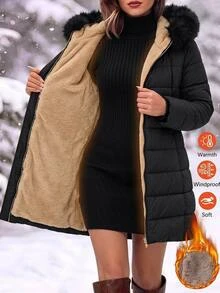 SHEIN Clasi 大尺碼秋冬保暖加厚連帽毛領棉襖外套 內層抓絨保暖居家休閒度假黑色休閒時尚款 - 黑色 - 查看 1