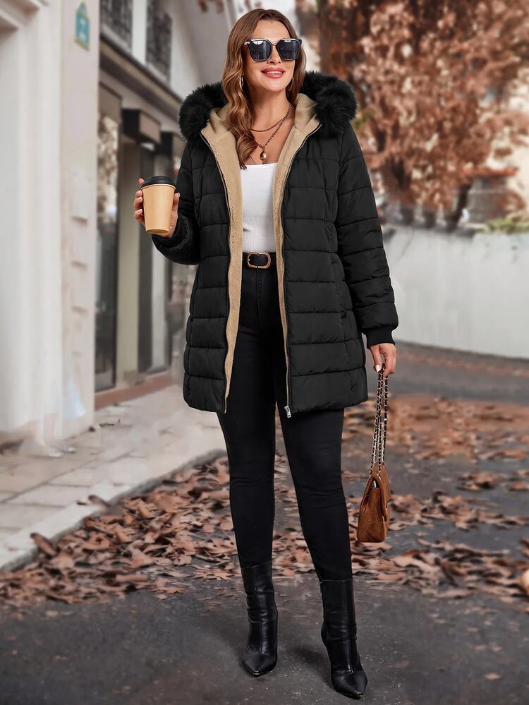 SHEIN Clasi Plus Size Autumn/Winter Thermal Lined Hooded Fur Collar Padded Coat Winter Jacket Fleece-Lined For Warmth Homewear Holiday Black Casual Smart - Black - View 8