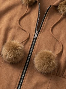 LUMIGAL Fall Clothes FOR WomenWomen's Fashion Zipper Faux Fur Hooded Jacket - Brown - View 5