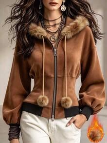 LUMIGAL Fall Clothes FOR WomenWomen's Fashion Zipper Faux Fur Hooded Jacket - Brown - View 7