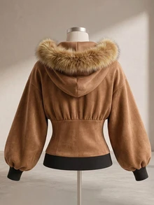 LUMIGAL Fall Clothes FOR WomenWomen's Fashion Zipper Faux Fur Hooded Jacket - Brown - View 2