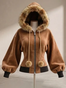 LUMIGAL Fall Clothes FOR WomenWomen's Fashion Zipper Faux Fur Hooded Jacket - Brown - View 3