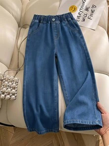 SHEIN 青少年女孩休閒寬鬆波希米亞風高腰平口袋寬腿牛仔褲，女孩日常穿搭秋季校園假期運動淺藍色 - 深色水洗藍 - 查看 1