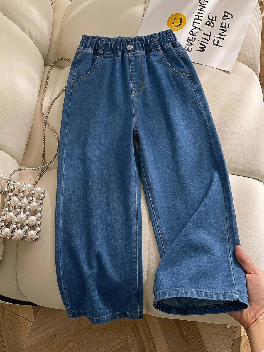 SHEIN 青少年女孩休閒寬鬆波希米亞風高腰平口袋寬腿牛仔褲,女孩日常穿搭秋季校園假期運動淺藍色 - 深色水洗藍 - 查看 1