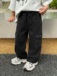 SHEIN Little Byeori 男童做旧休闲宽松黑色牛仔工装裤，春夏款，适合日常穿着、街头风、节日、派对、海滩、生日、乡村等场合。 - 黑色 - 查看 7