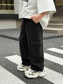 SHEIN Little Byeori 男童做旧休闲宽松黑色牛仔工装裤，春夏款，适合日常穿着、街头风、节日、派对、海滩、生日、乡村等场合。 - 黑色 - 查看 4