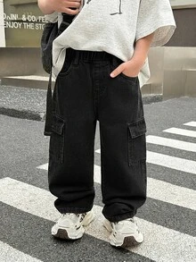 SHEIN Little Byeori 男童做旧休闲宽松黑色牛仔工装裤，春夏款，适合日常穿着、街头风、节日、派对、海滩、生日、乡村等场合。 - 黑色 - 查看 6
