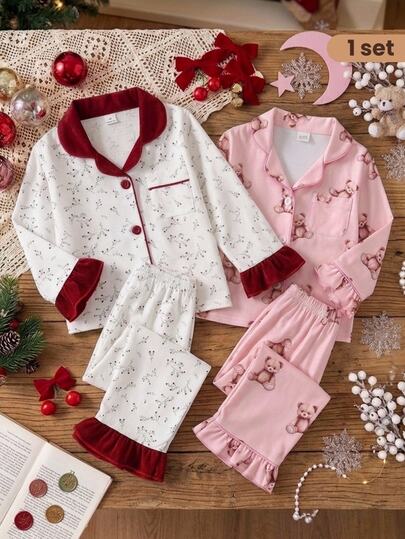 SHEIN 2pcs/Set Sweet Style Ruffle Trim Ditsy Floral Long Sleeve Cardigan & Pants Set, Casual Comfortable Loungewear For Girls