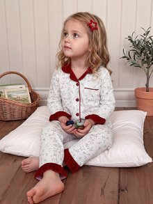 SHEIN 2pcs/Set Sweet Style Ruffle Trim Ditsy Floral Long Sleeve Cardigan & Pants Set, Casual Comfortable Loungewear For Girls - Red - View 6