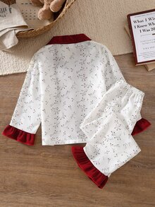 SHEIN 2pcs/Set Sweet Style Ruffle Trim Ditsy Floral Long Sleeve Cardigan & Pants Set, Casual Comfortable Loungewear For Girls - Red - View 3