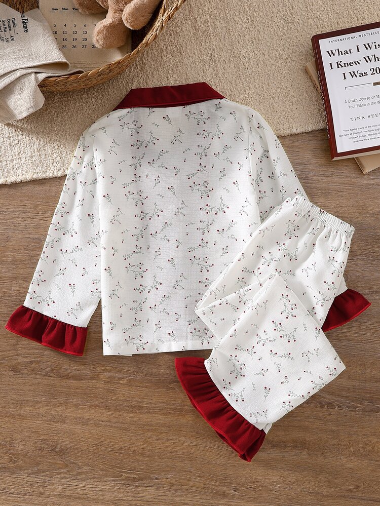 SHEIN 2pcs/Set Sweet Style Ruffle Trim Ditsy Floral Long Sleeve Cardigan & Pants Set, Casual Comfortable Loungewear For Girls - Red - View 3