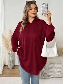SHEIN CURVE+ 大尺碼女款純色連帽抽繩不對稱下擺運動衫，秋冬季 - 酒紅色 - 查看 5