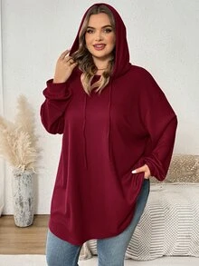 SHEIN CURVE+ 大尺碼女款純色連帽抽繩不對稱下擺運動衫，秋冬季 - 酒紅色 - 查看 6