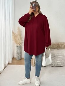 SHEIN CURVE+ 大尺碼女款純色連帽抽繩不對稱下擺運動衫，秋冬季 - 酒紅色 - 查看 7