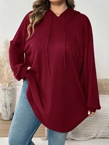 SHEIN CURVE+ 大尺碼女款純色連帽抽繩不對稱下擺運動衫，秋冬季 - 酒紅色 - 查看 3