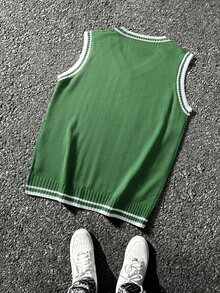 RONVEXI 男士條紋V領休閒80年代百搭針織背心 教師節學校畢業季 綠色秋季 - 綠色 - 查看 2