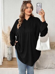 SHEIN CURVE+ 大尺碼女款純色連帽抽繩不對稱下擺運動衫，秋冬季 - 黑色 - 查看 6