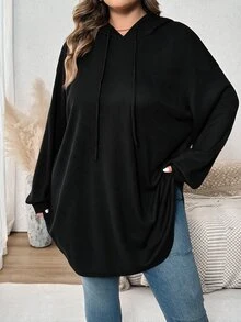 SHEIN CURVE+ 大尺碼女款純色連帽抽繩不對稱下擺運動衫，秋冬季 - 黑色 - 查看 4