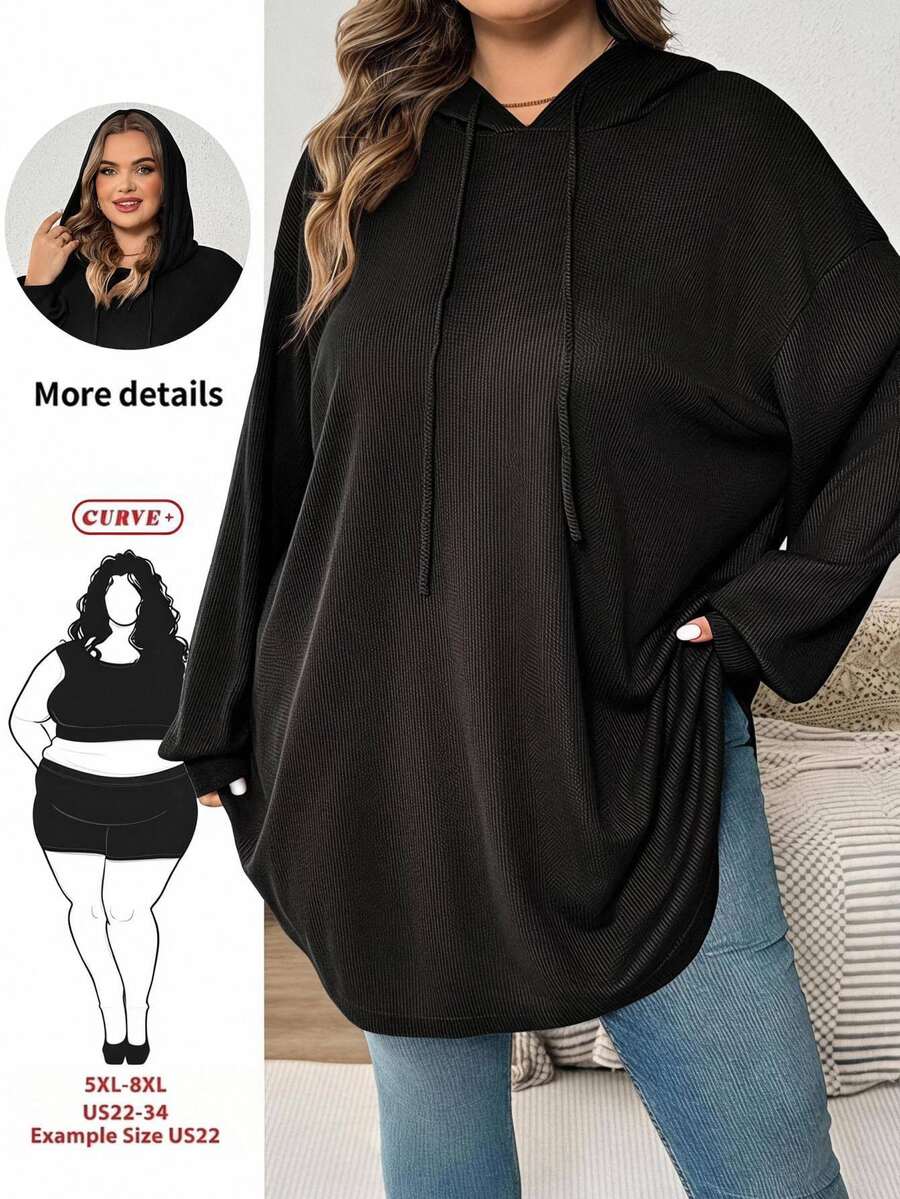 SHEIN CURVE+ 大尺碼女款純色連帽抽繩不對稱下擺運動衫,秋冬季 - 黑色 - 查看 1