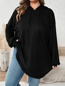 SHEIN CURVE+ 大尺碼女款純色連帽抽繩不對稱下擺運動衫，秋冬季 - 黑色 - 查看 3