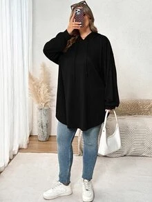 SHEIN CURVE+ 大尺碼女款純色連帽抽繩不對稱下擺運動衫，秋冬季 - 黑色 - 查看 7