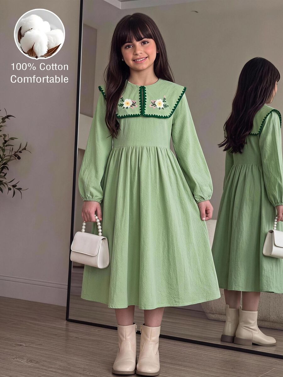 SHEIN 少女田園風花卉刺繡荷葉邊泡泡袖洋裝,百搭花卉圖案圓領對比色荷葉邊洋裝,秋冬款 - 綠色 - 查看 1