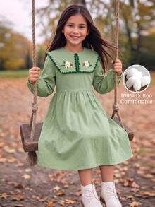 SHEIN Tween Girl Tween Girl Tween Girl Floral Embroidered Ruffle Sleeve Dress, Versatile Floral Pattern Round Neck Ruffle Hem Contrast Color Dress, Autumn Winter - Green - View 1