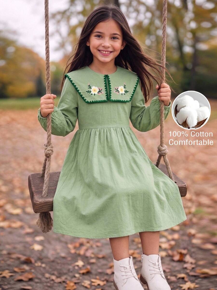 SHEIN Tween Girl Tween Girl Tween Girl Floral Embroidered Ruffle Sleeve Dress, Versatile Floral Pattern Round Neck Ruffle Hem Contrast Color Dress, Autumn Winter - Green - View 1