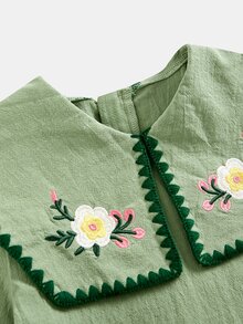 SHEIN Tween Girl Tween Girl Tween Girl Floral Embroidered Ruffle Sleeve Dress, Versatile Floral Pattern Round Neck Ruffle Hem Contrast Color Dress, Autumn Winter - Green - View 4