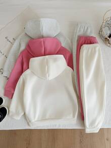 SHEIN 女童字母圖案連帽衛衣與長褲休閒日常套裝 - 彩色 - 查看 6
